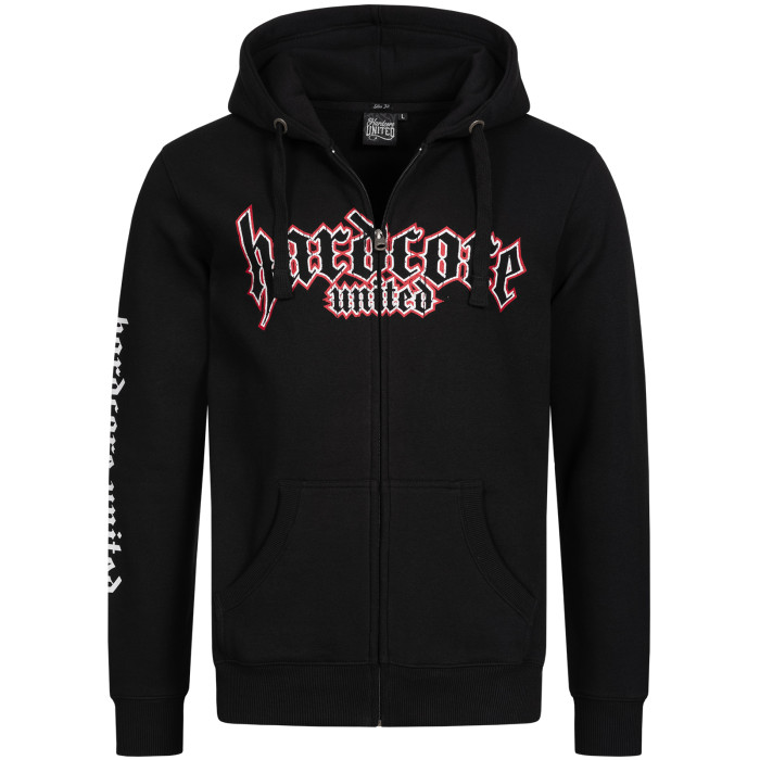 Hardcore United capuche zippée logo goth imprimé contour rouge | noir