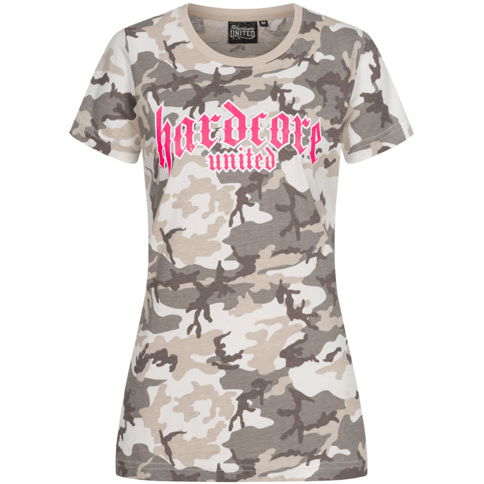 Hardcore United T-shirt femme avec logo gothique rose | gris camouflage
