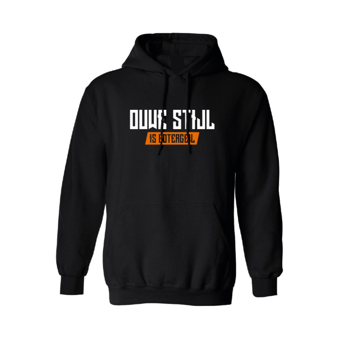 Ouwe Stijl is Botergeil hooded sweater oranje logo print op rug