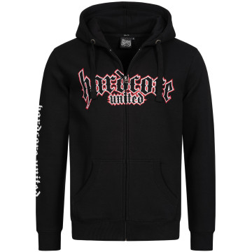 Hardcore United capuche zippée logo goth imprimé contour rouge | noir
